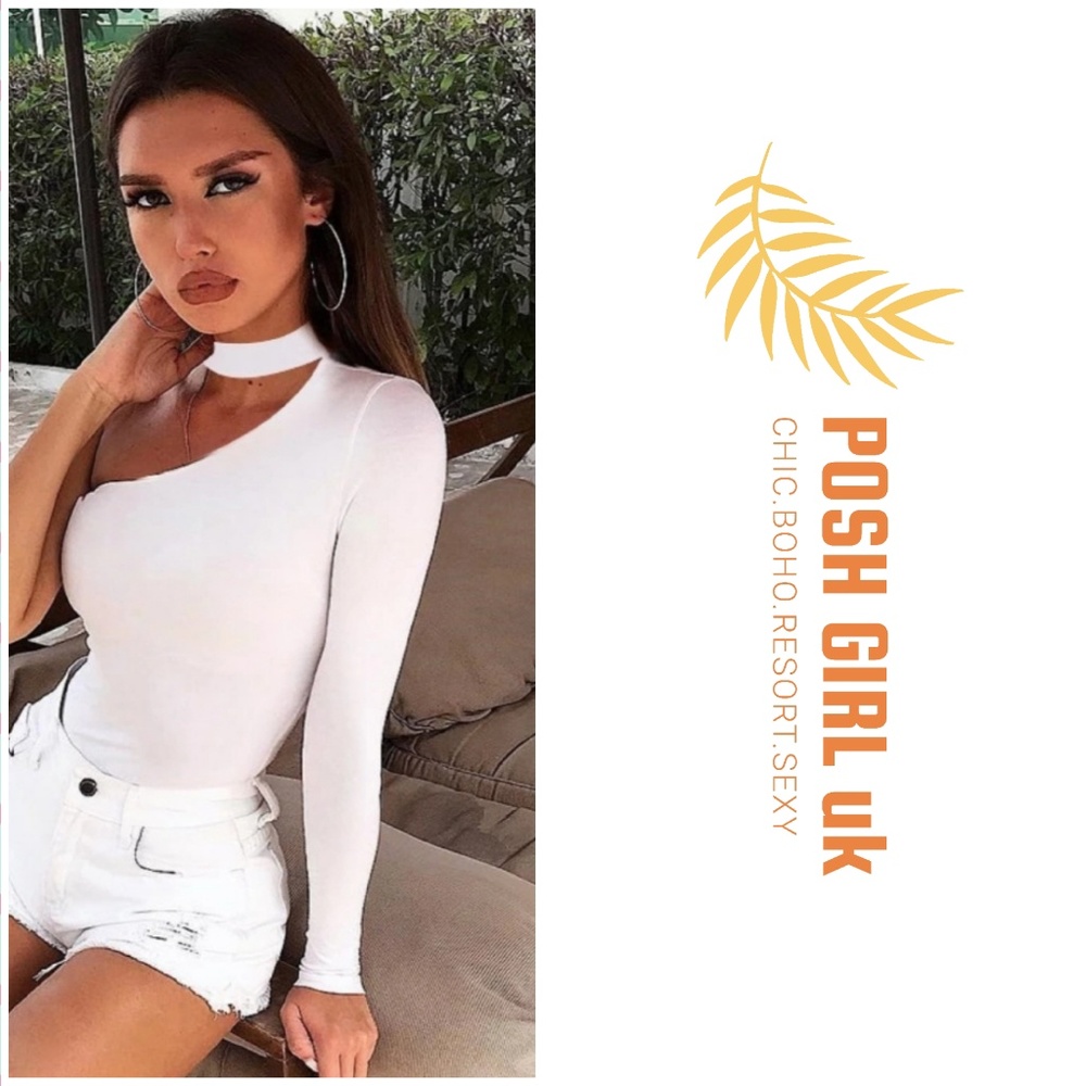 NEW WHITE choker bodysuit Leotard Bodycon long sleeve bodysuits